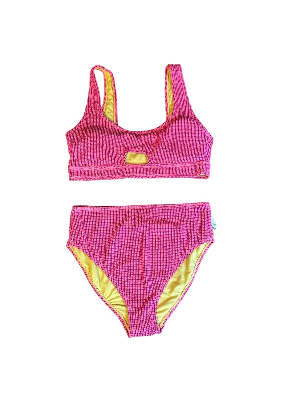 NWT 2 Piece Cut Out Swimsuit Bikini Pink Metallic Gold High Waist Cheeky Bottoms